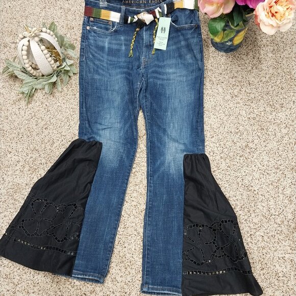 Handmade Denim - 3786 Size 33/12 Upcycled American Eagle Bell-Bottom Jeans Trimmed with Black.